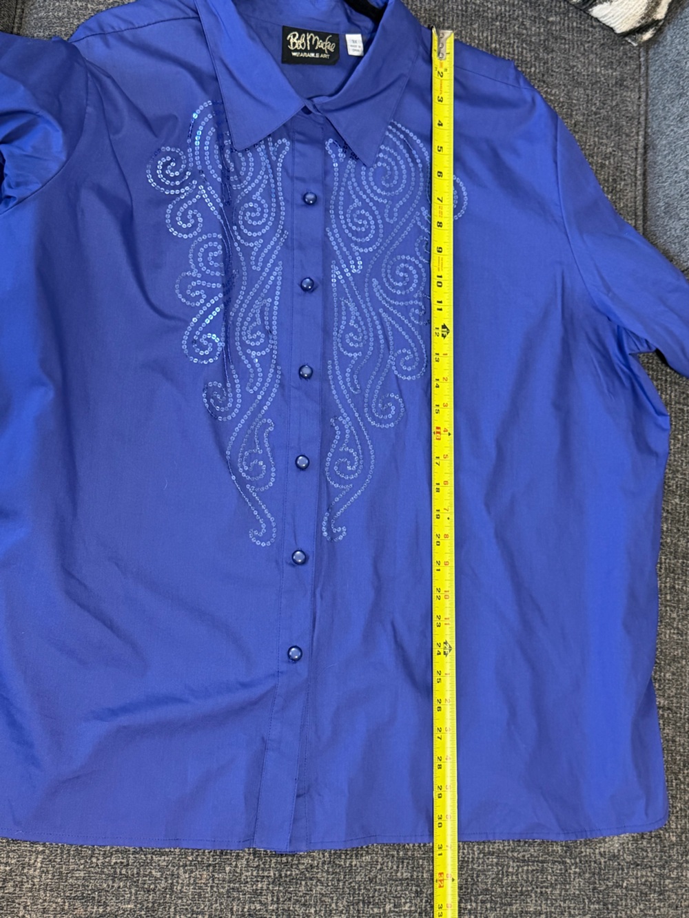 Bob Mackie Wearable Art 3X Blue Sequin Scroll Button Front Blouse Plus Size - Picture 8 of 11